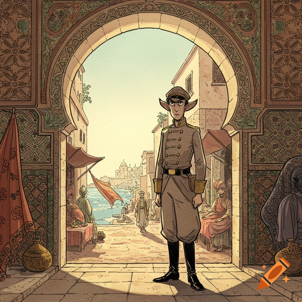 A tall, pointed-eared character in a military uniform stands under an ornate archway, looking out at a bustling, sunlit port city in a comic style.