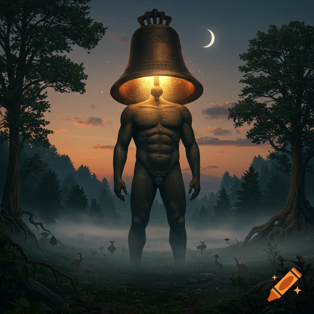 A muscular man with a glowing bronze bell for a head stands in a misty forest at dusk under a crescent moon. Small animals are in the fog.