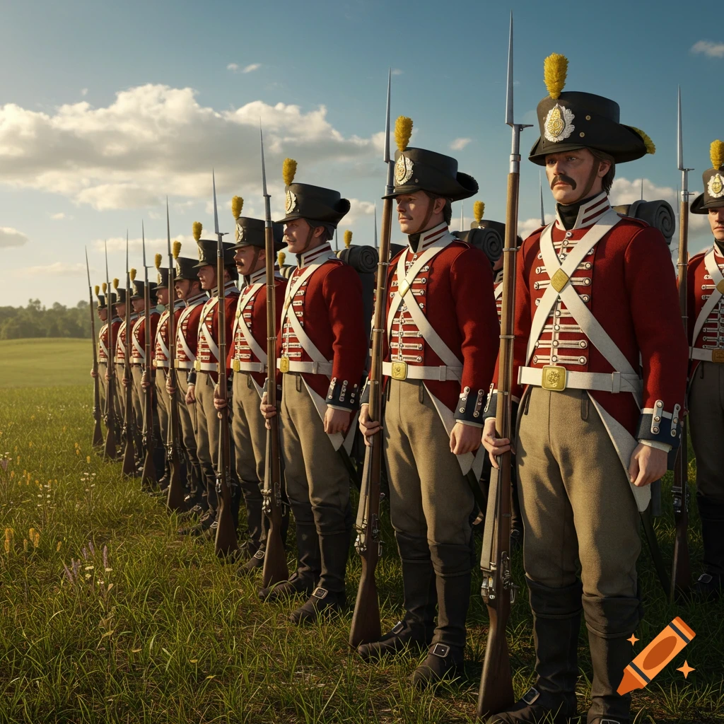 A photorealistic image of British Redcoat soldiers standing in a line at attention in a grassy field.