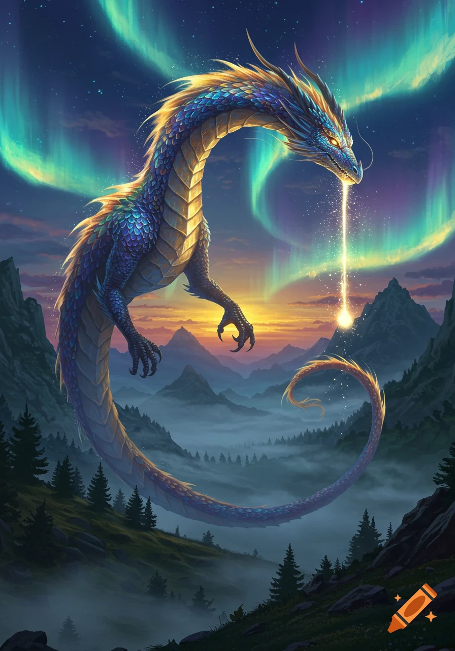 A majestic blue and gold dragon hovers over misty mountains under a night sky with a vibrant green aurora, light emanating from its mouth.