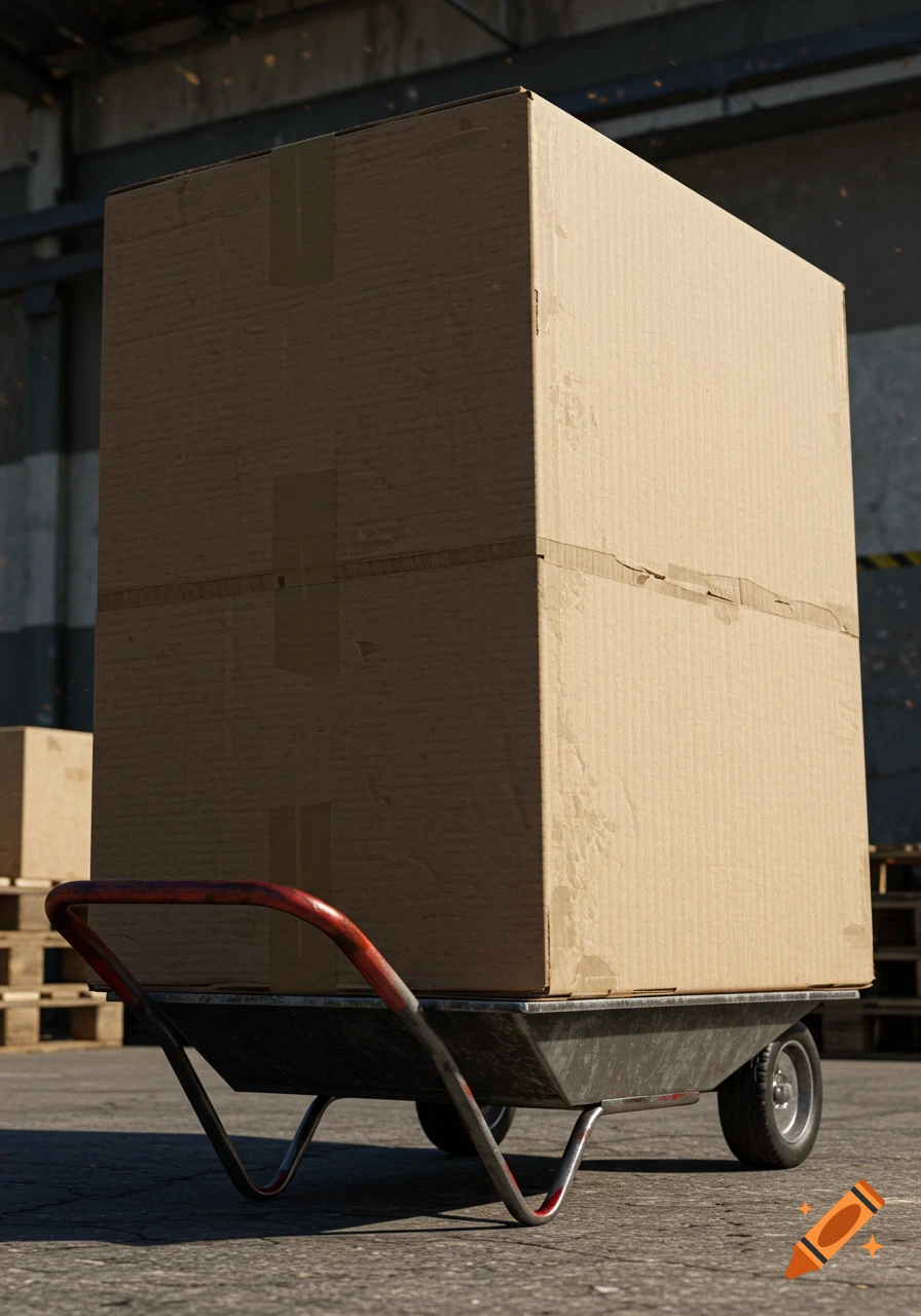 A tall cardboard moving box sits on a red and black sack barrow in a warehouse, with pallets in the background.