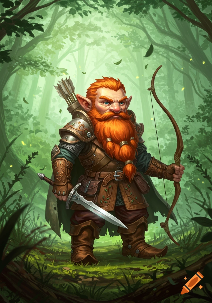 A determined red-bearded forest gnome ranger with a sword and bow in a vibrant green forest, detailed art style.