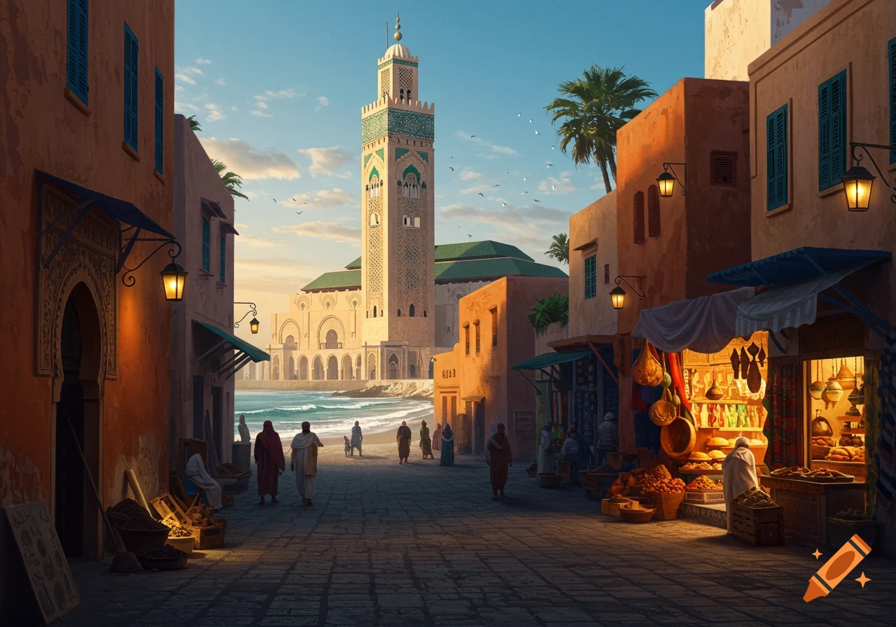 A vibrant painting of a Moroccan market street leading to a grand mosque by the ocean at sunset, with people walking.