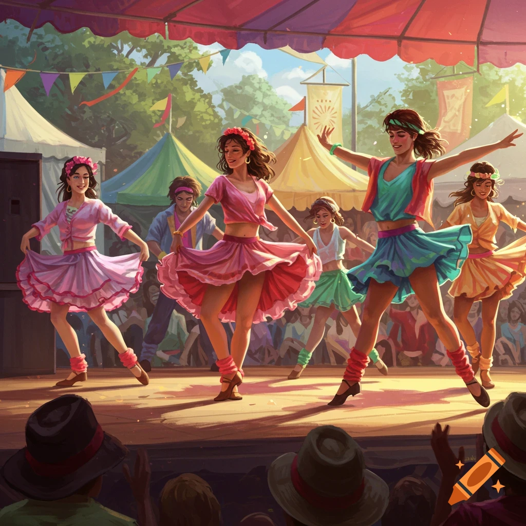 Vibrant illustration of dancers performing on a stage at a colorful outdoor cultural festival.