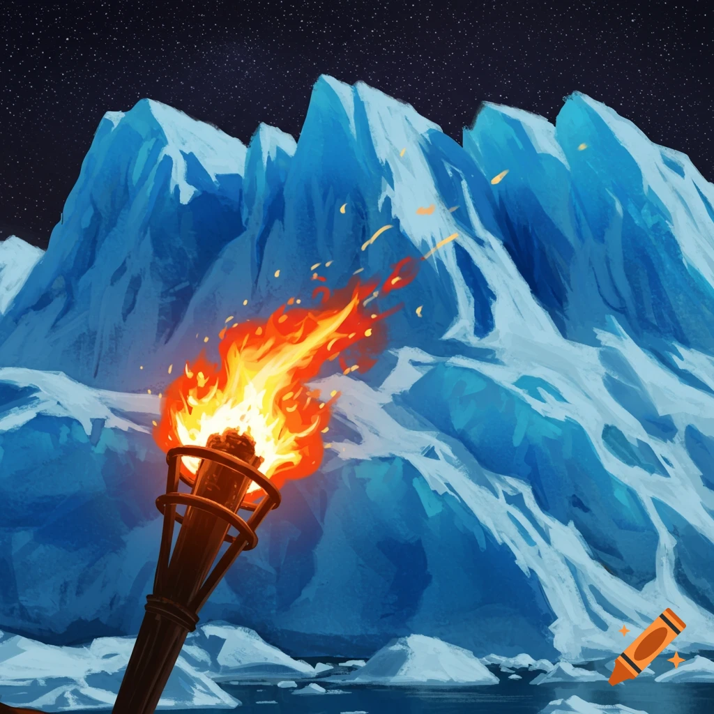 A burning torch lights up a dark, starry glacial landscape with jagged blue ice mountains and icy water.