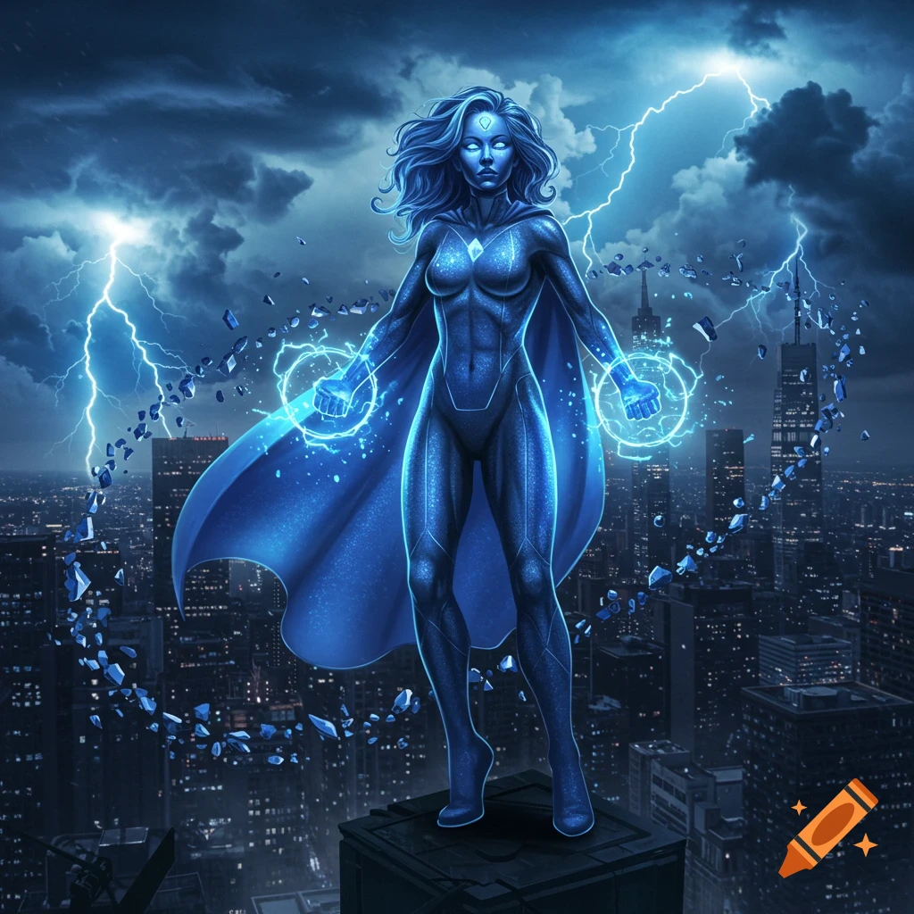 Blue superheroine with glowing eyes and energy stands on a skyscraper during a lightning storm over a city at night, shattering blue shards.