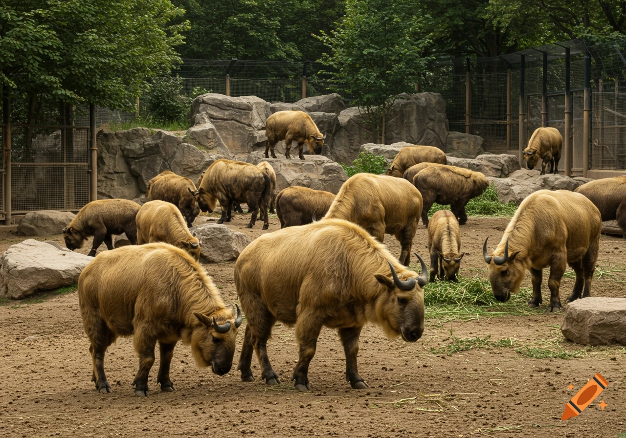 A herd of golden-brown Mishmi Takins with small horns grazes on a dirt ground with rocks and green trees in a zoo enclosure.