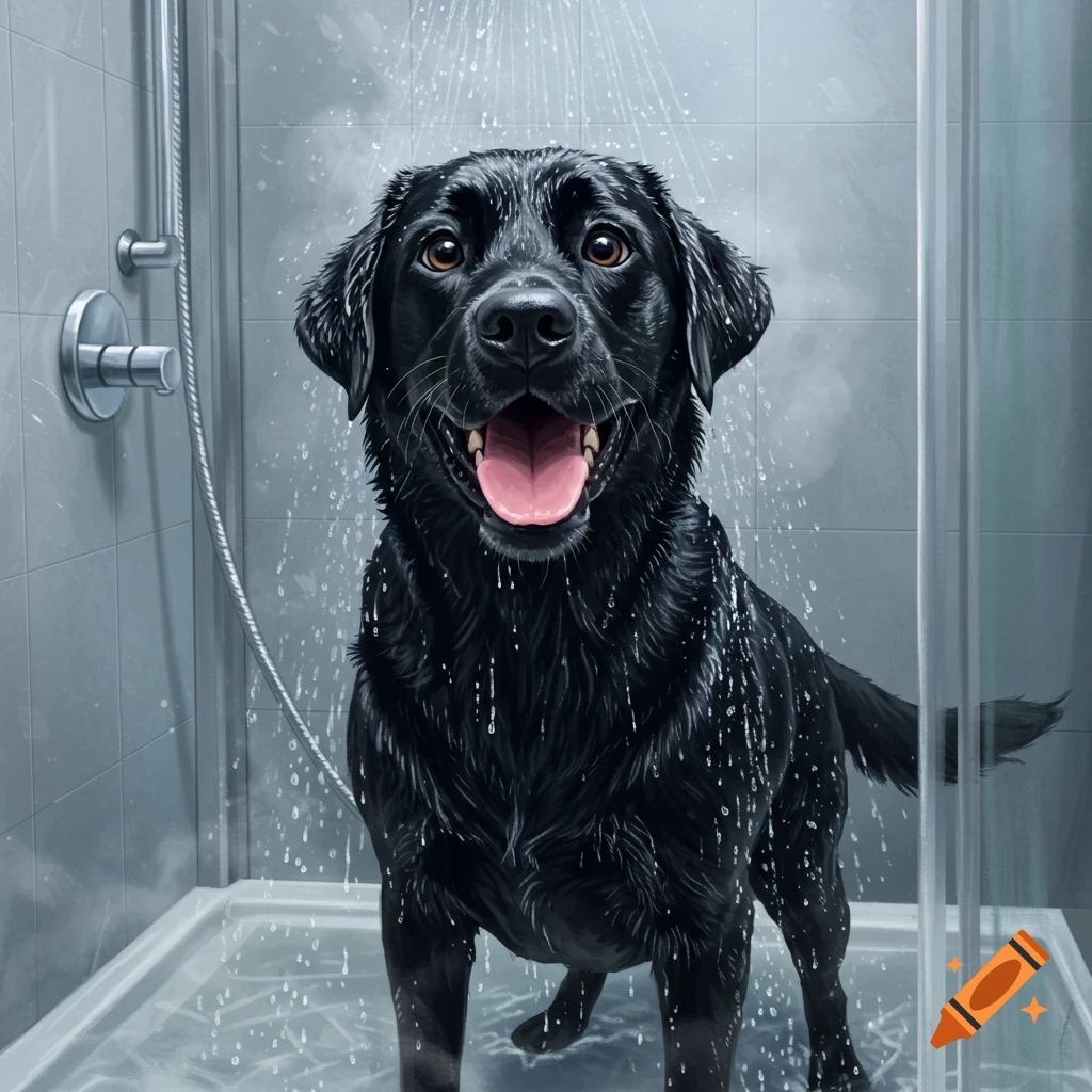 A happy black Labrador dog stands in a shower with water spraying on it, looking directly at the viewer.