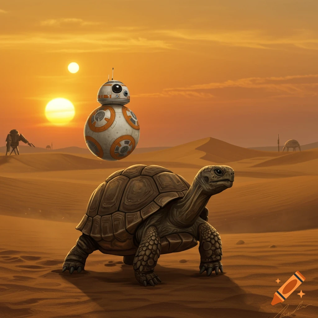 A tortoise walks through a desert landscape with a BB-8 droid floating above, under two setting suns.