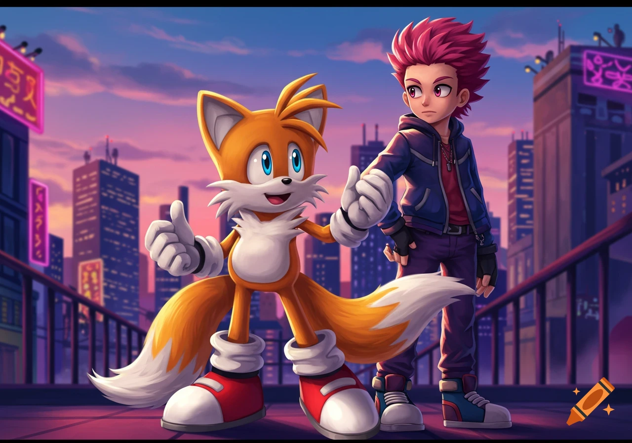 Tails the Fox gives a thumbs up next to an anime boy with pink hair in a vibrant sunset cityscape.