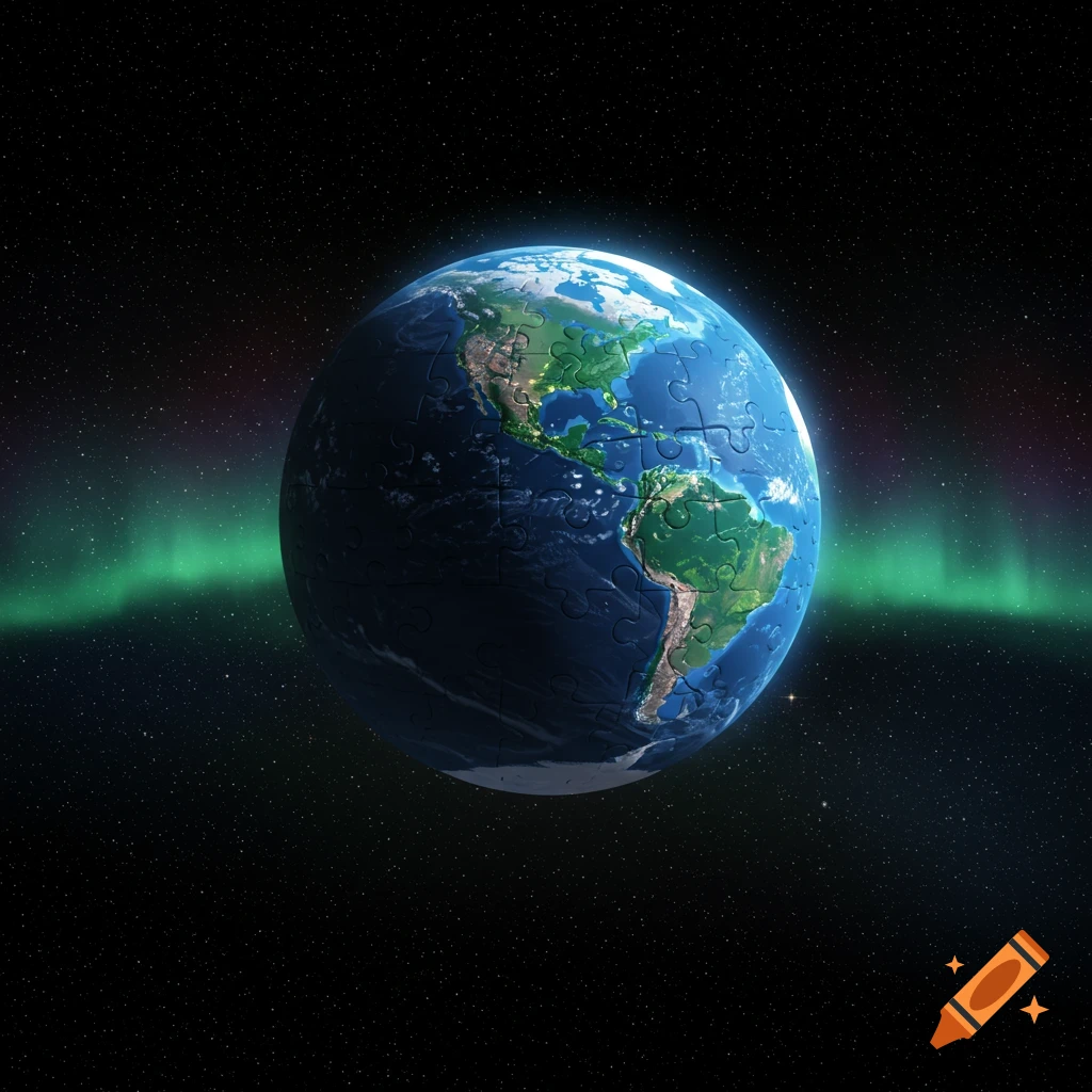 A detailed, vibrant Earth shaped like a puzzle, floating in star-filled space with a green aurora.