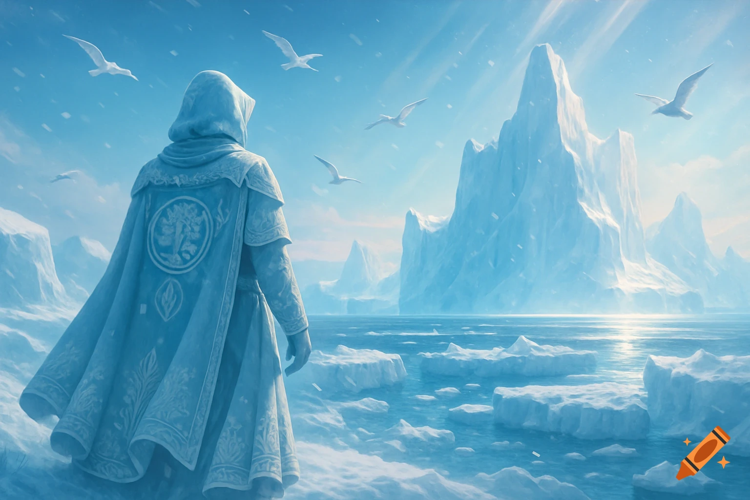 A hooded figure in a flowing cloak with an emblem on its back overlooks a vast icy ocean with icebergs and a giant glacier under a blue sky.