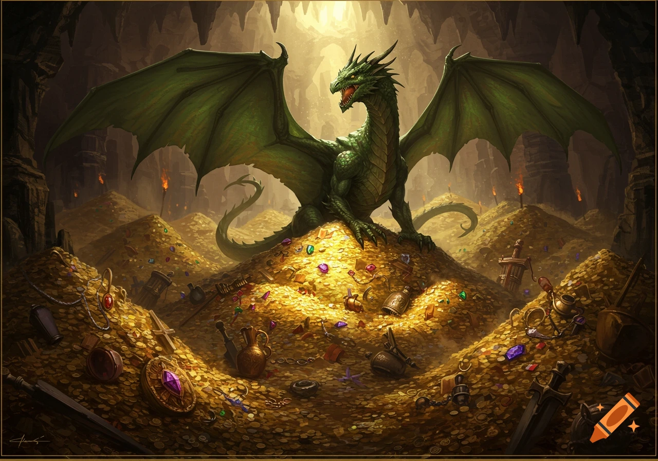 A majestic green dragon sits atop a huge pile of glittering gold coins and colorful jewels inside a dark cavern.