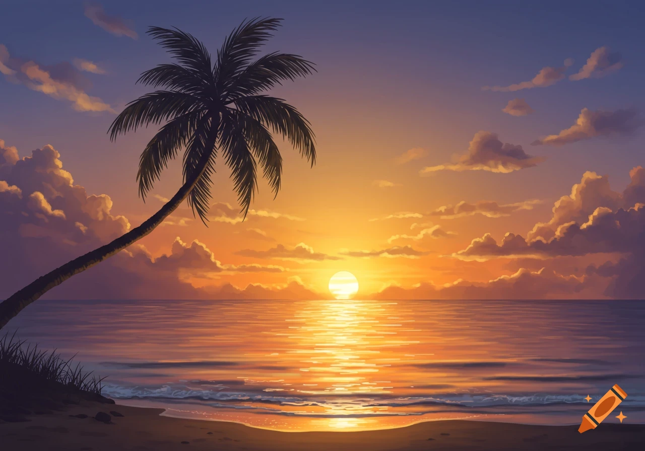 Vibrant illustration of a tropical beach sunset with a silhouetted palm tree leaning over calm ocean water.