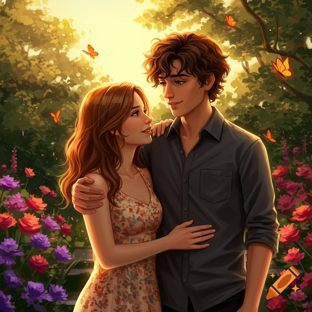 Stylized illustration of a young man and woman embracing in a lush garden with butterflies, bathed in golden light.
