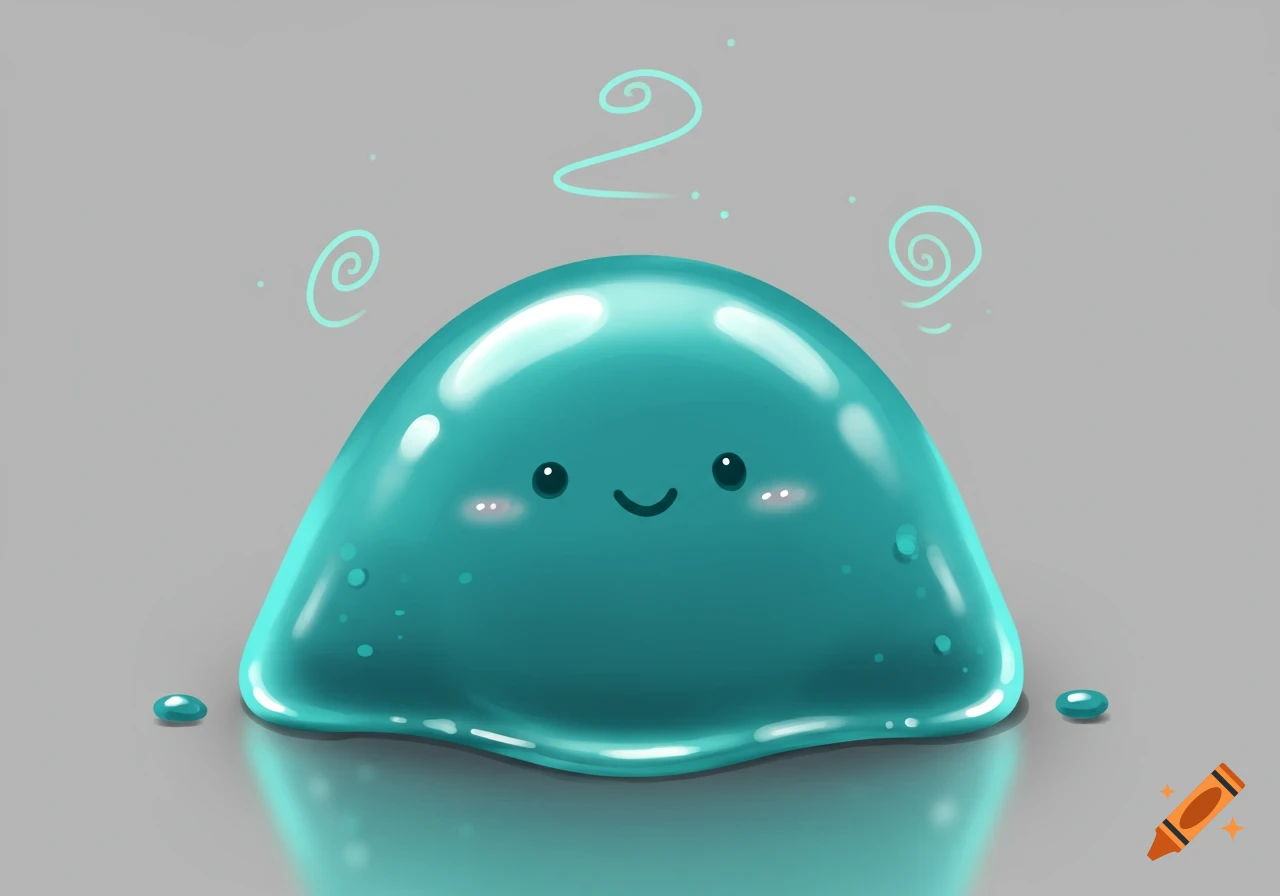 A cute, shiny, teal blob creature with a happy face sits on a reflective gray surface.
