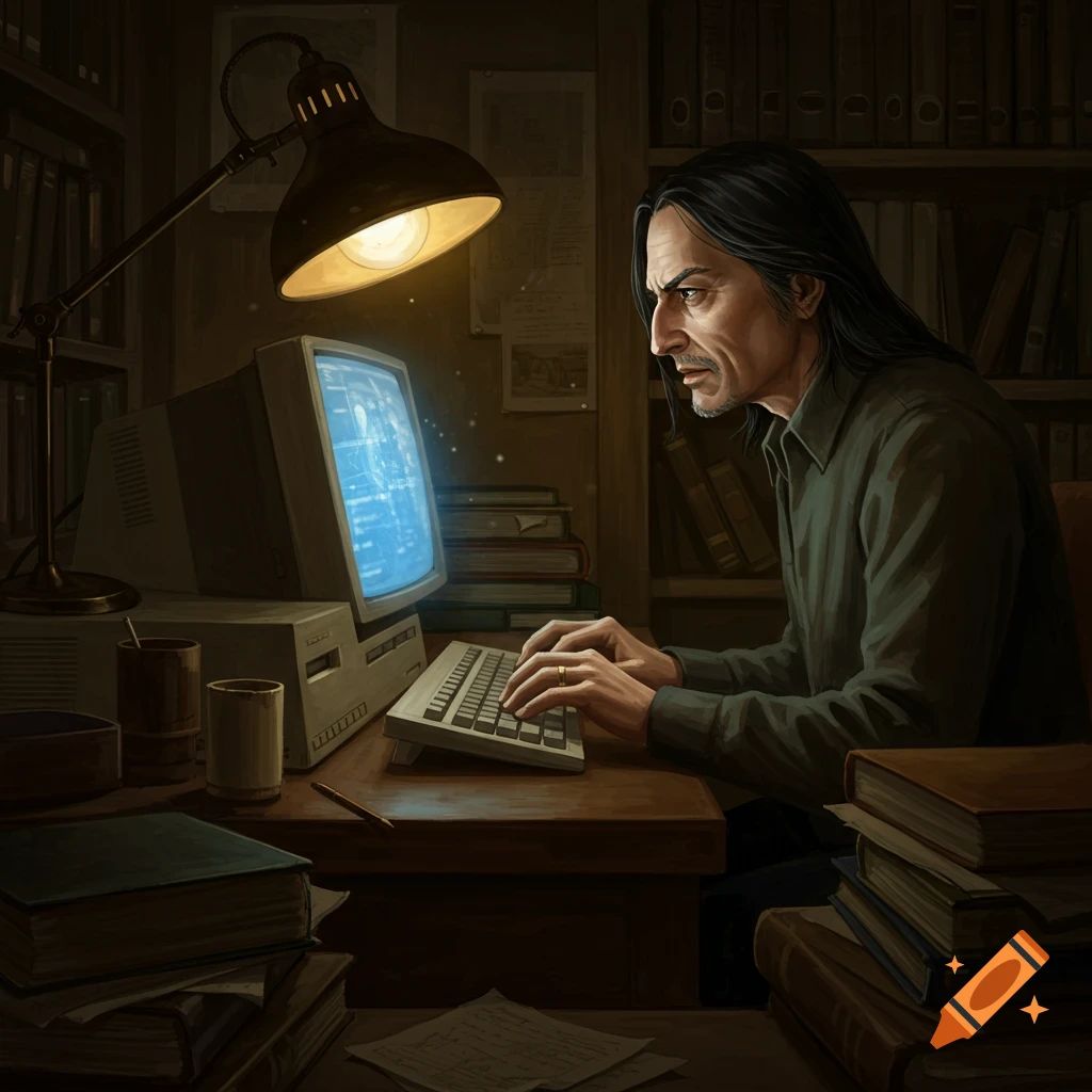 A man with long dark hair intensely types on a vintage computer in a dimly lit, book-filled room.