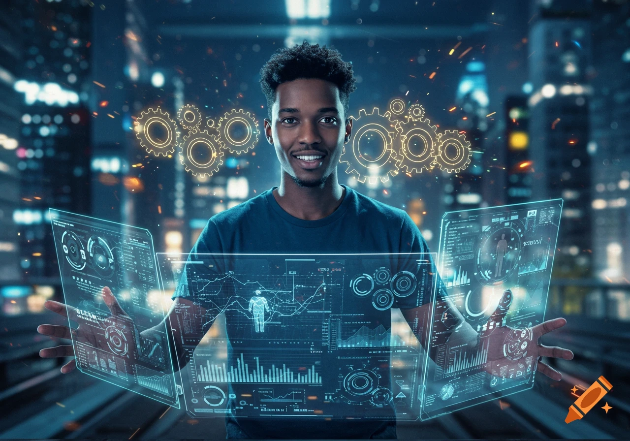 A smiling man interacts with holographic data screens in a futuristic city at night.