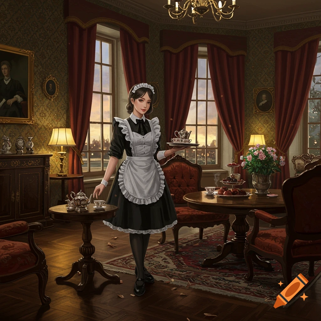 Digital painting of a maid serving tea in an opulent room with large windows.
