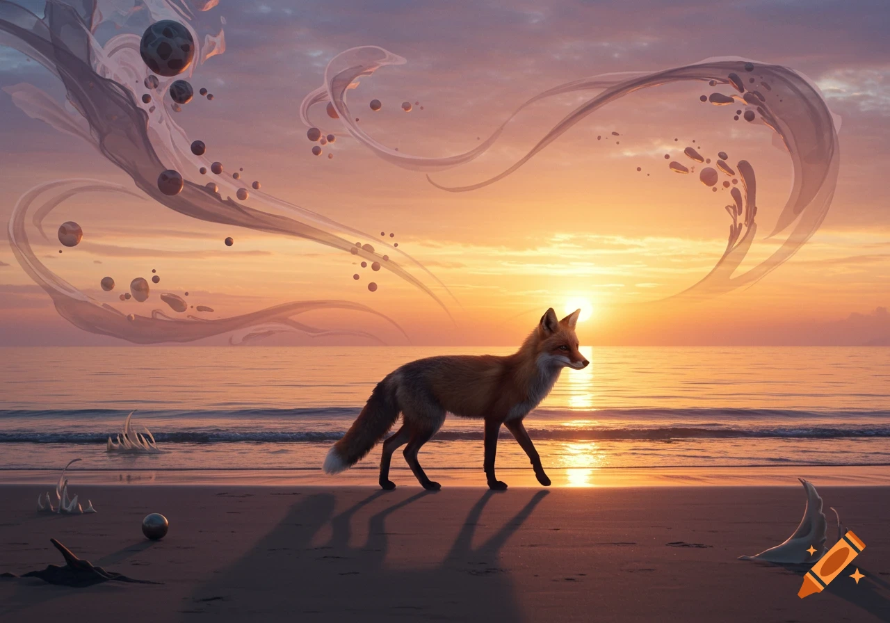 A red fox stands on a sandy beach at sunset, with surreal wispy shapes and floating spheres in the sky and abstract bone-like structures on the sand.