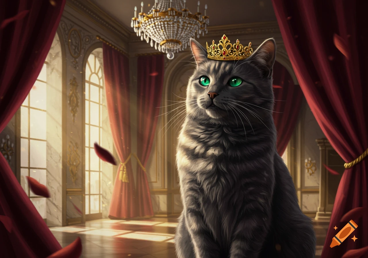 A majestic gray cat with vivid green eyes wears a golden crown, seated in a opulent room with red drapes and a grand chandelier.