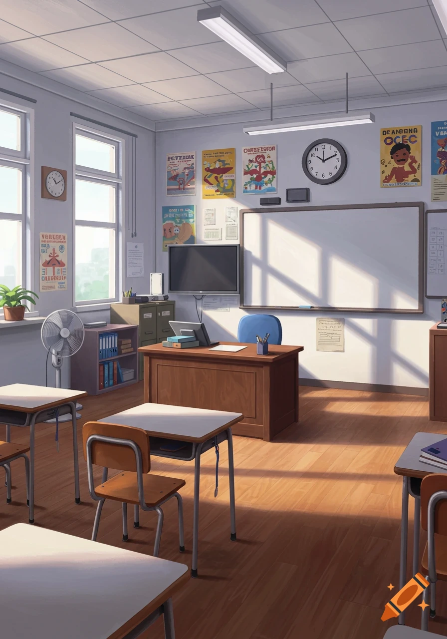 A bright, empty anime-style classroom with student desks, a teacher's desk, a fan, a TV, and posters on the wall.