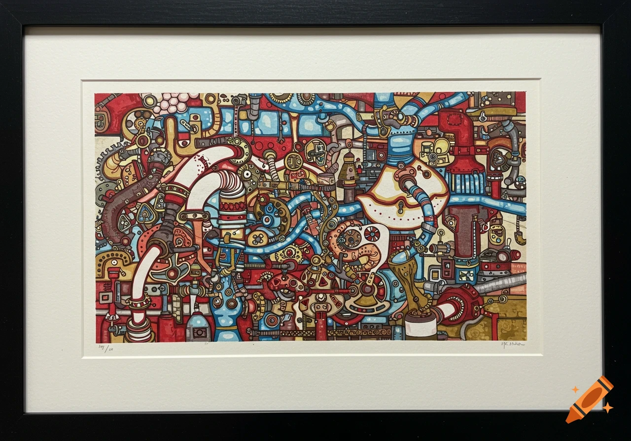 Framed monoprint artwork depicting colorful, intricate, elaborate machinery in a Hundertwasser-like style.