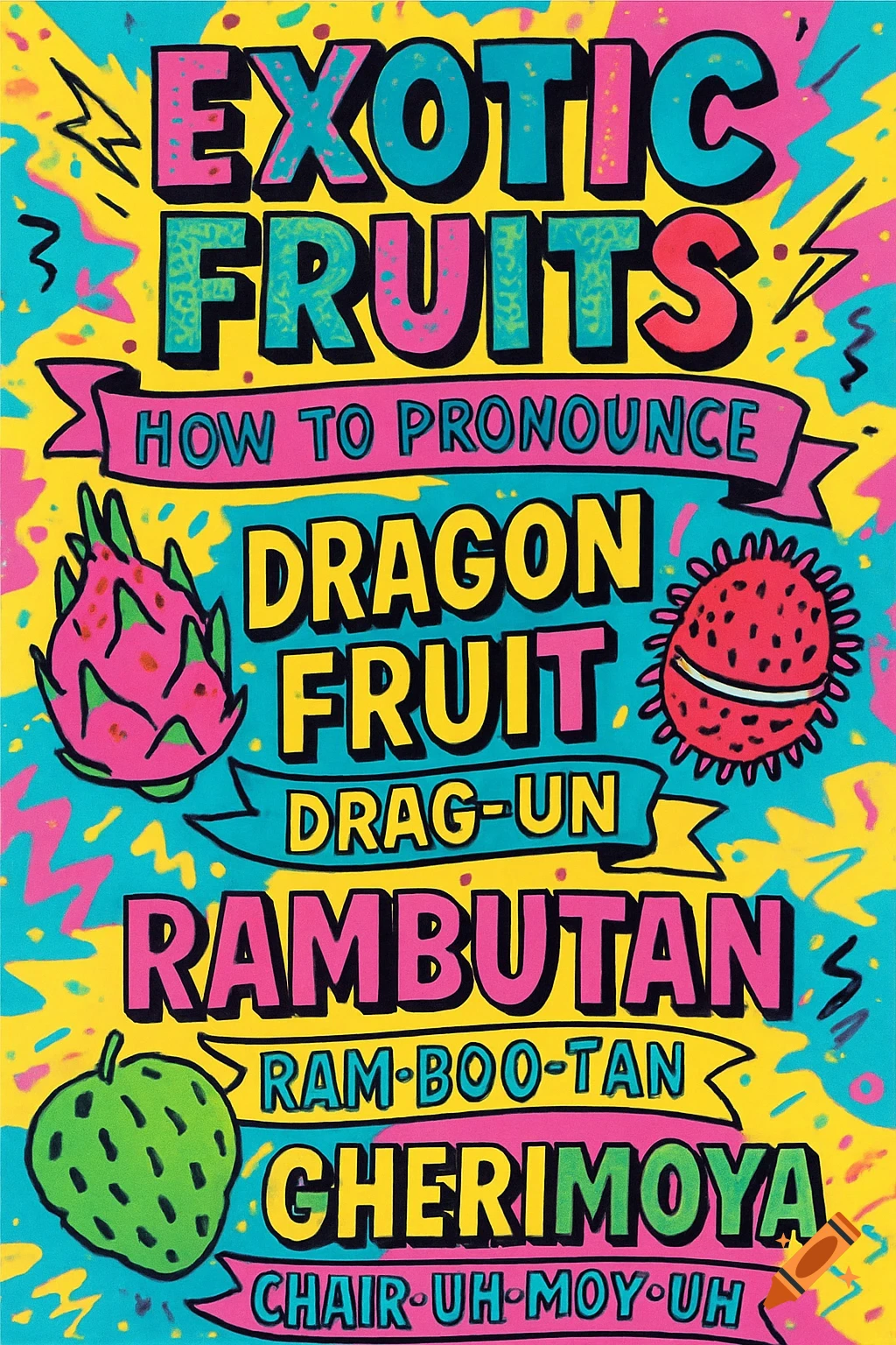 A colorful, zany 90s-style infographic illustrating how to pronounce exotic fruits like Dragon Fruit, Rambutan, and Cherimoya.