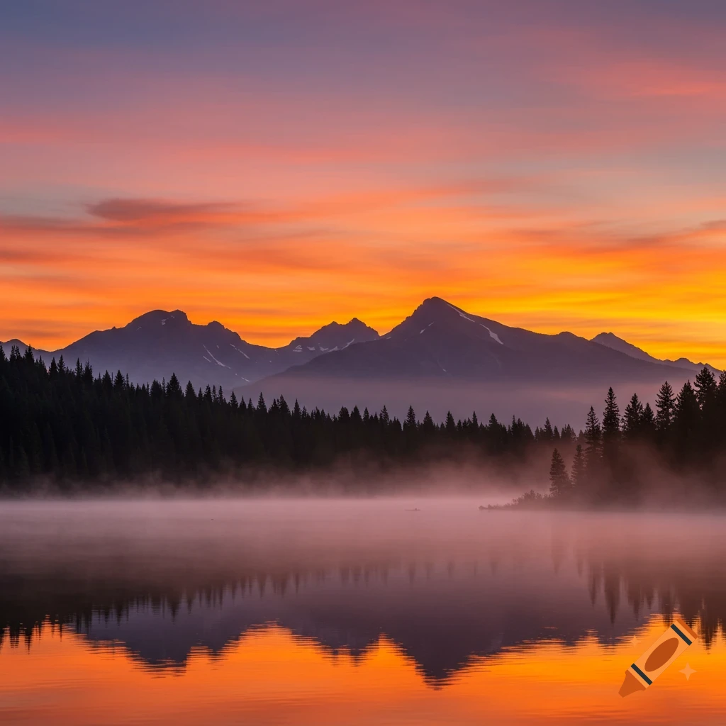 Vibrant orange and purple sunset over a misty lake, silhouetted mountains, and evergreen forest, with reflections on the water.