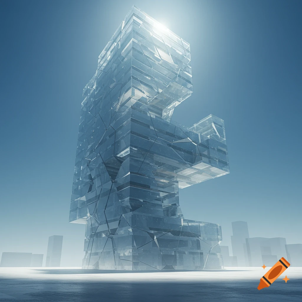 A towering, crystalline glass skyscraper against a bright blue sky with a sun glare. Distant hazy buildings in background.