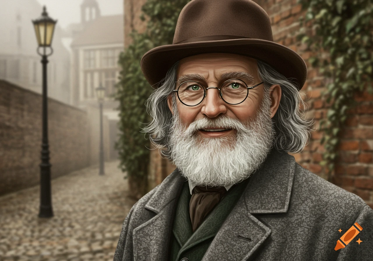 Photorealistic portrait of an old man with a grey beard, green eyes, glasses, a brown top hat, and a grey coat on a cobblestone street.