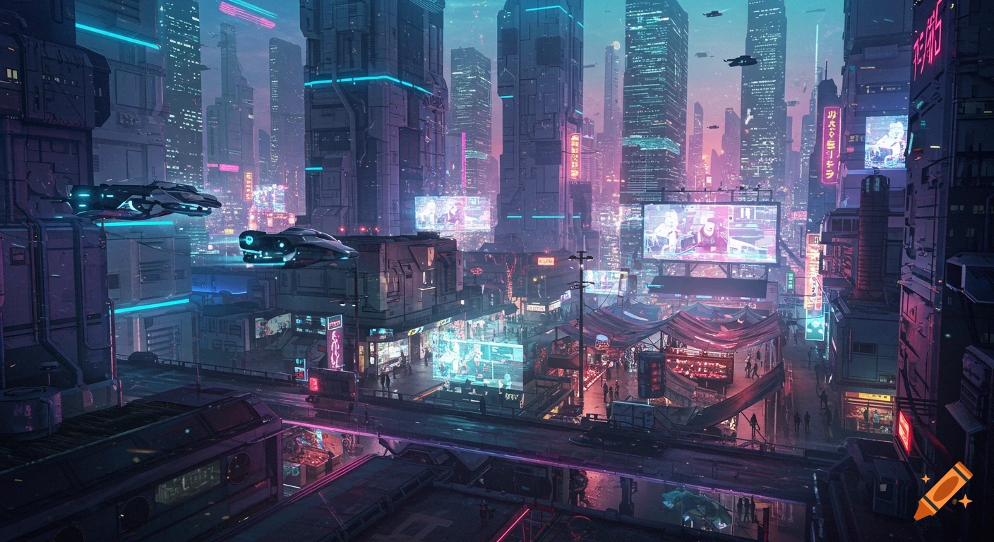 A vibrant, neon-lit cyberpunk city at night with towering skyscrapers, flying vehicles, and busy streets below.