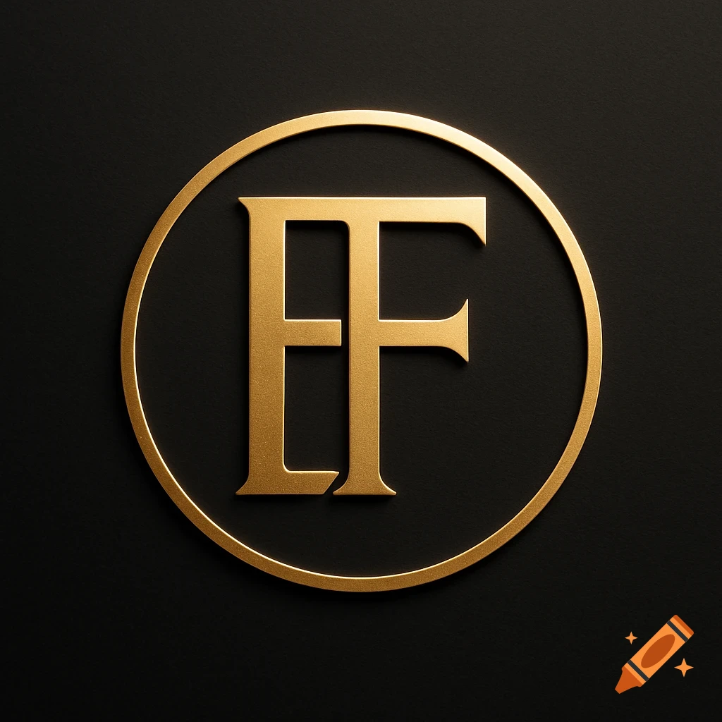 A gold stylized 'EF' letter monogram within a gold circle on a black background.