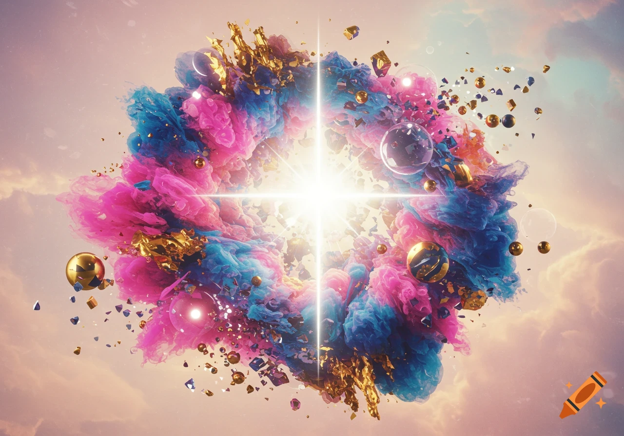 A vibrant abstract explosion of pink and blue smoke, shimmering gold fragments, and clear glass spheres centered around a bright starburst light.