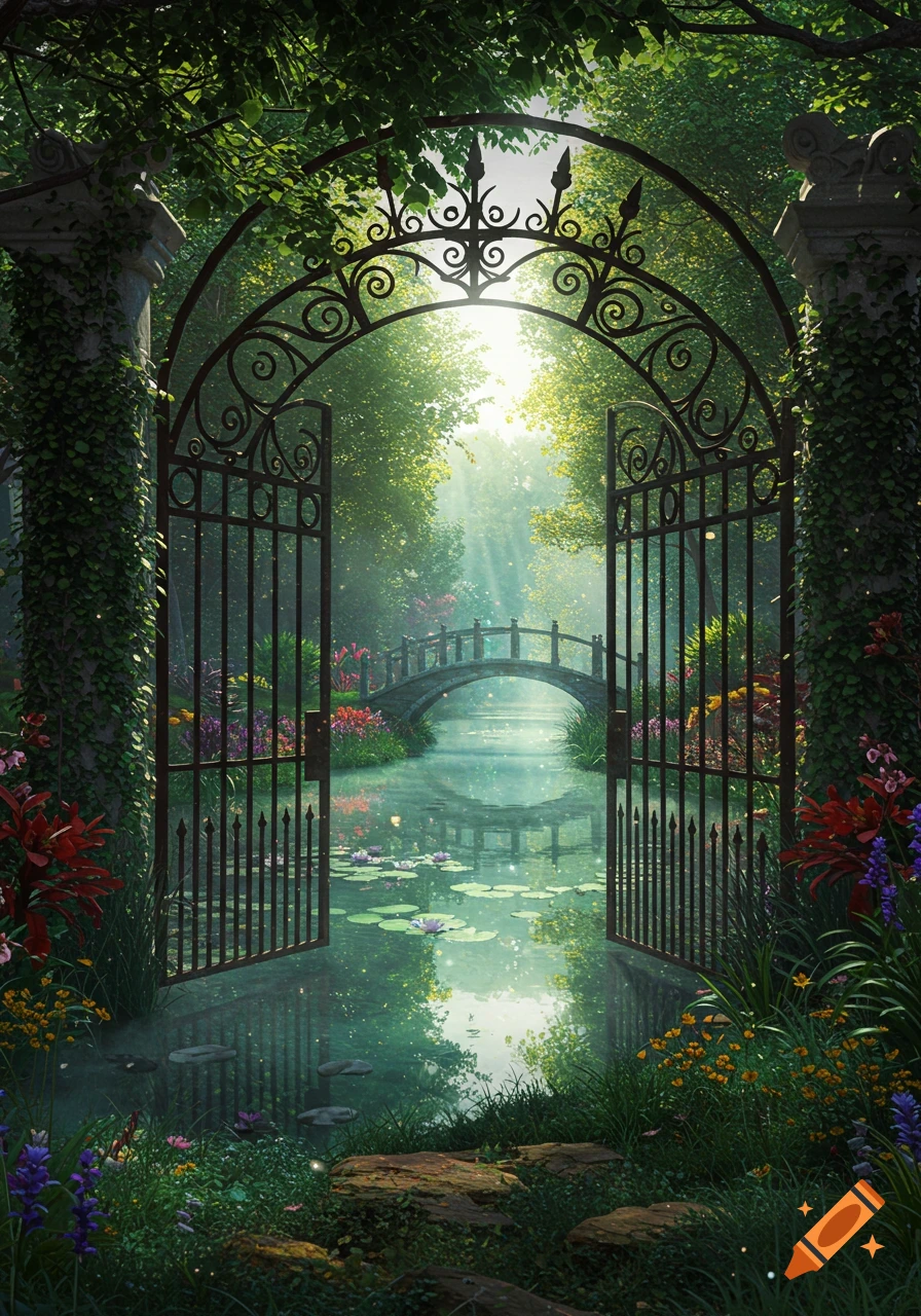 A vibrant, sun-dappled fantasy garden scene with an open wrought-iron gate leading to a calm river and an arched bridge.