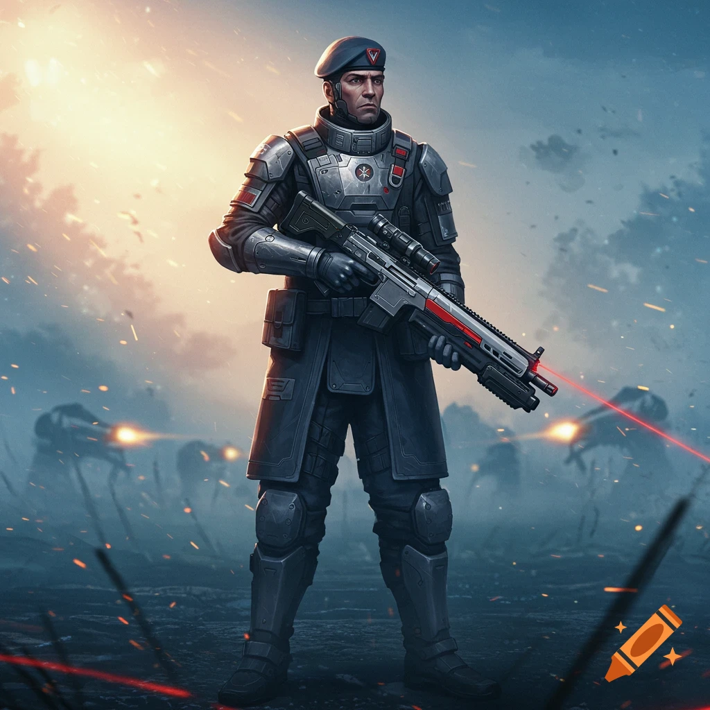 A futuristic soldier in dark armored uniform holds a rifle with a red laser sight on a smoky battlefield with distant war machines.