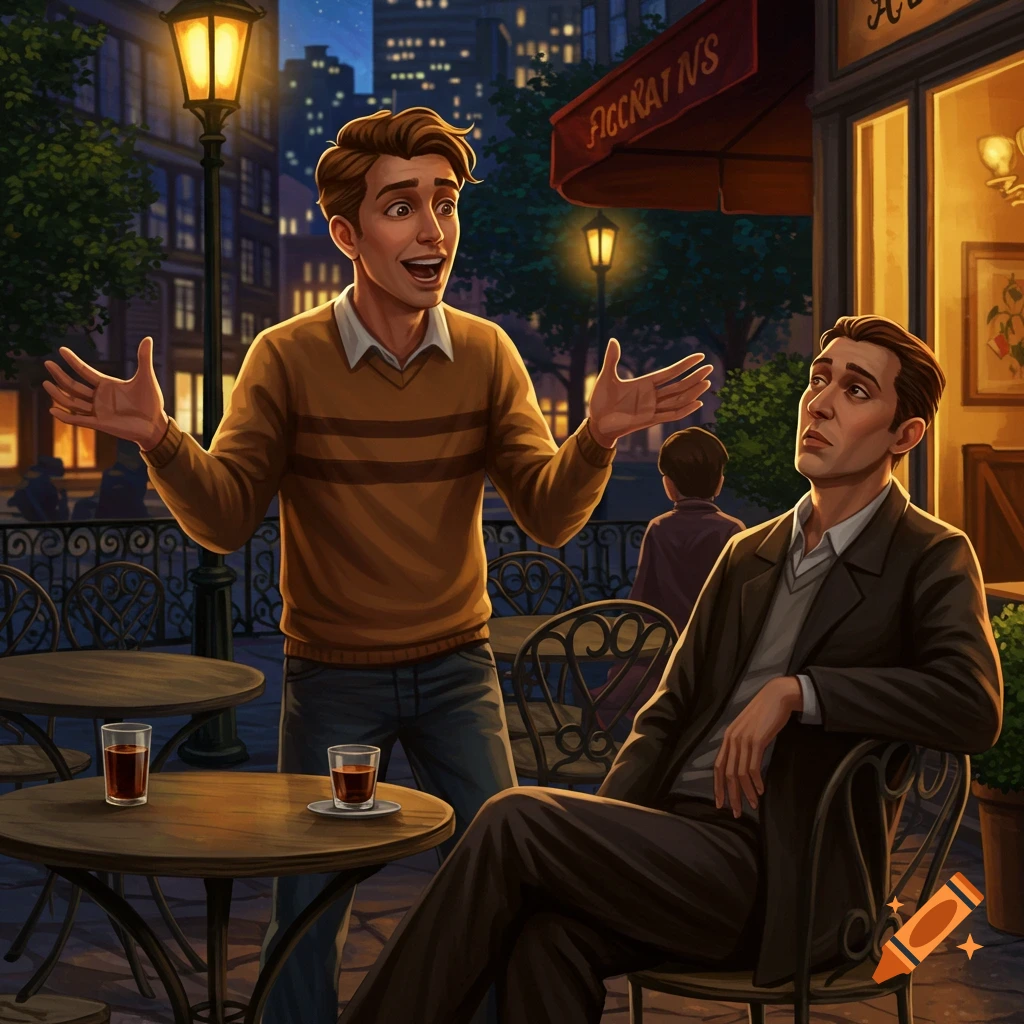 Stylized illustration of an excited man talking to a bored man at an outdoor cafe at night, city lights in the background.