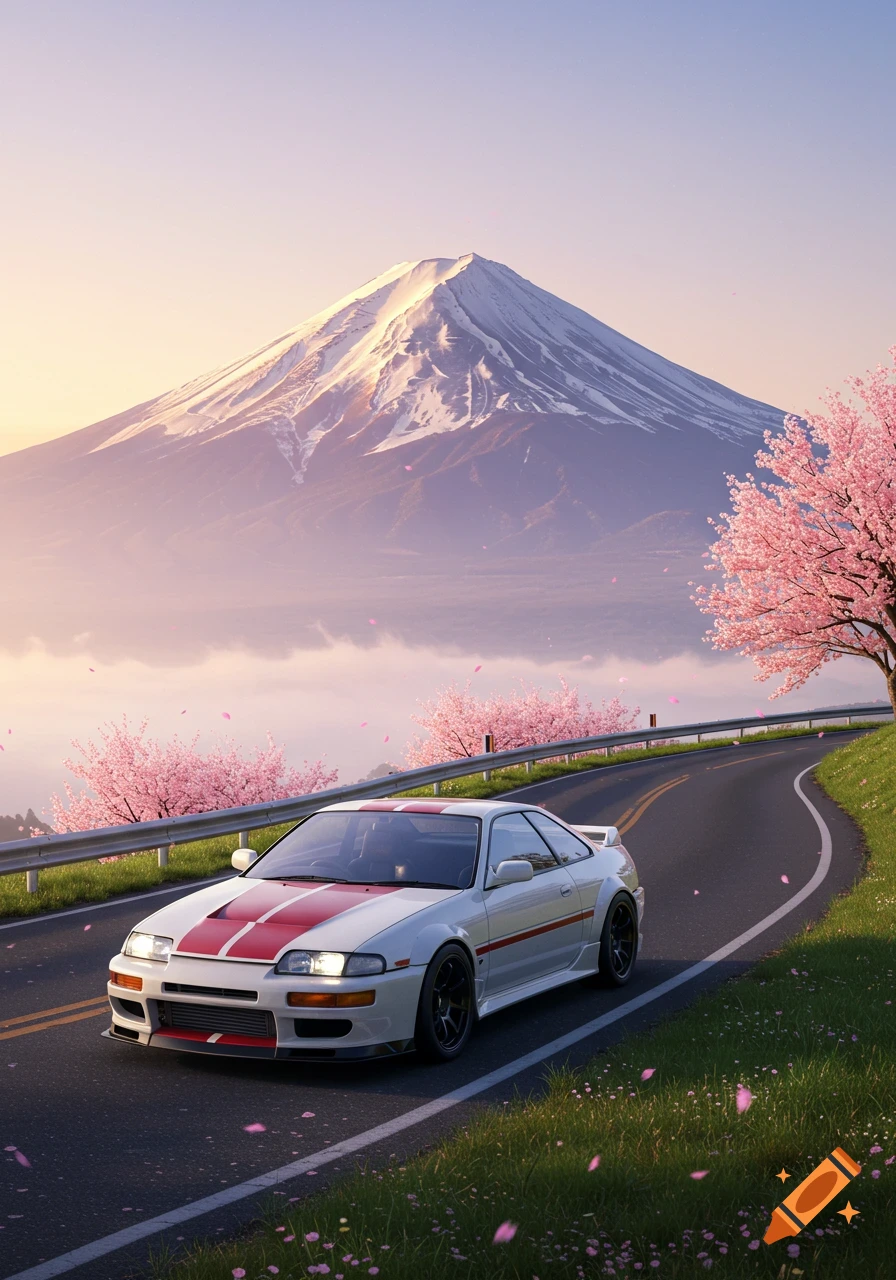 Photorealistic white JDM sports car with red stripes on a winding road, pink cherry blossoms, and a misty Mt. Fuji at sunrise.