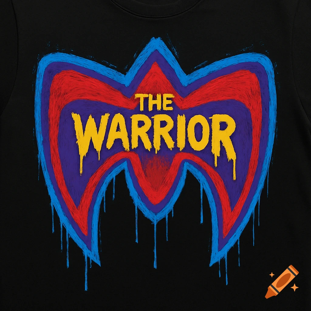 A black t-shirt with a colorful, hand-painted design resembling The Ultimate Warrior's face paint, featuring red, purple, and blue layers with dripping paint. Yellow text in the center reads 'THE WARRIOR'.