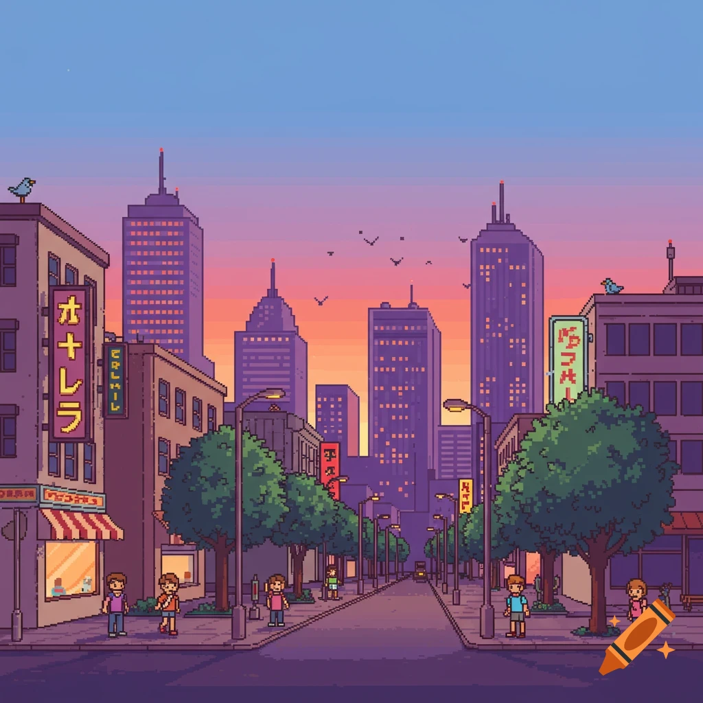 Pixel art cityscape at sunset with tall buildings, street lights, trees, and people walking on sidewalks. The sky has a blue to orange gradient.