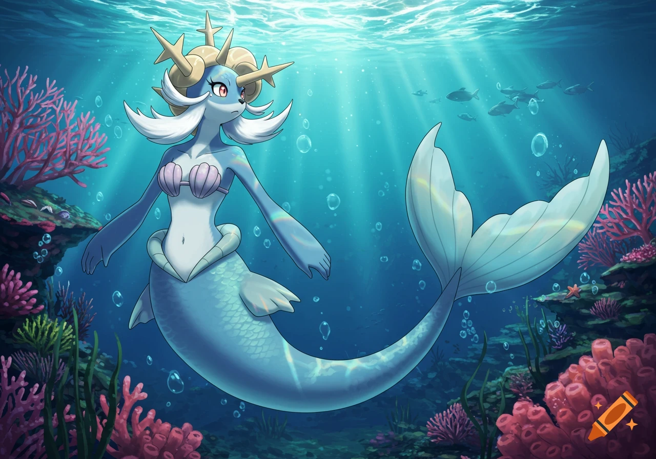 Anthro Samurott from Pokemon as a mermaid, swimming underwater in an anime art style, surrounded by coral.