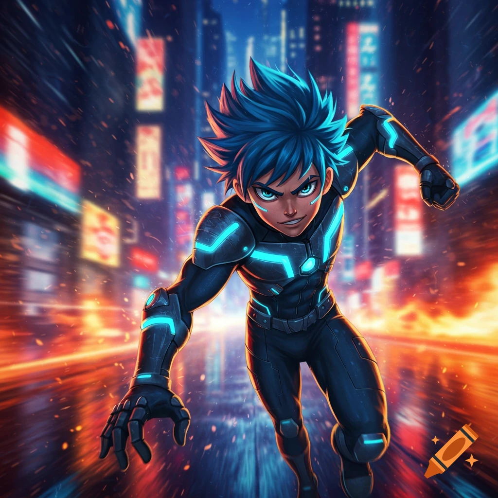 An anime boy with blue hair and a black futuristic suit with glowing blue accents runs through a neon city at night.