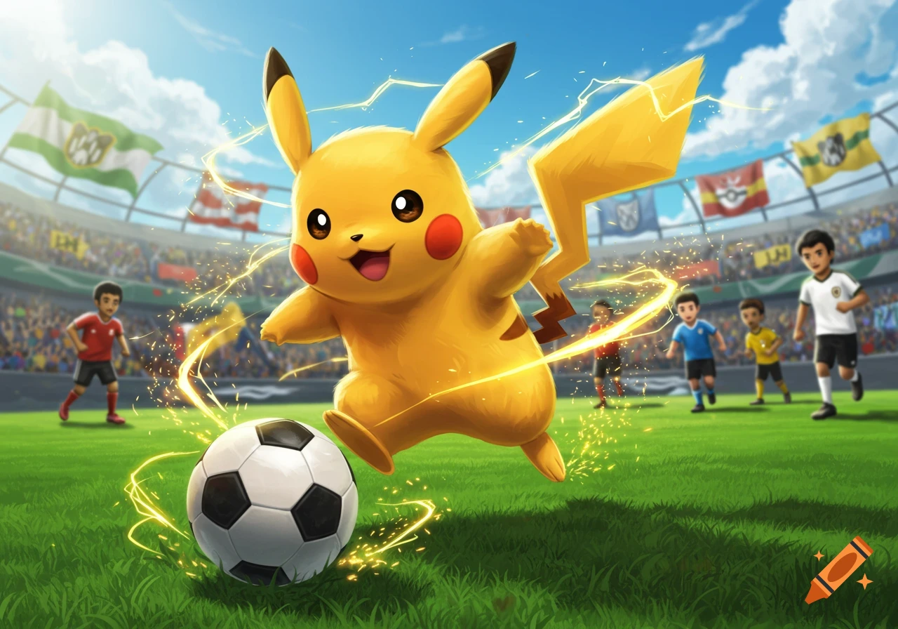 Pikachu playing soccer in a vibrant stadium, kicking a ball with electric effects while children play in the background.