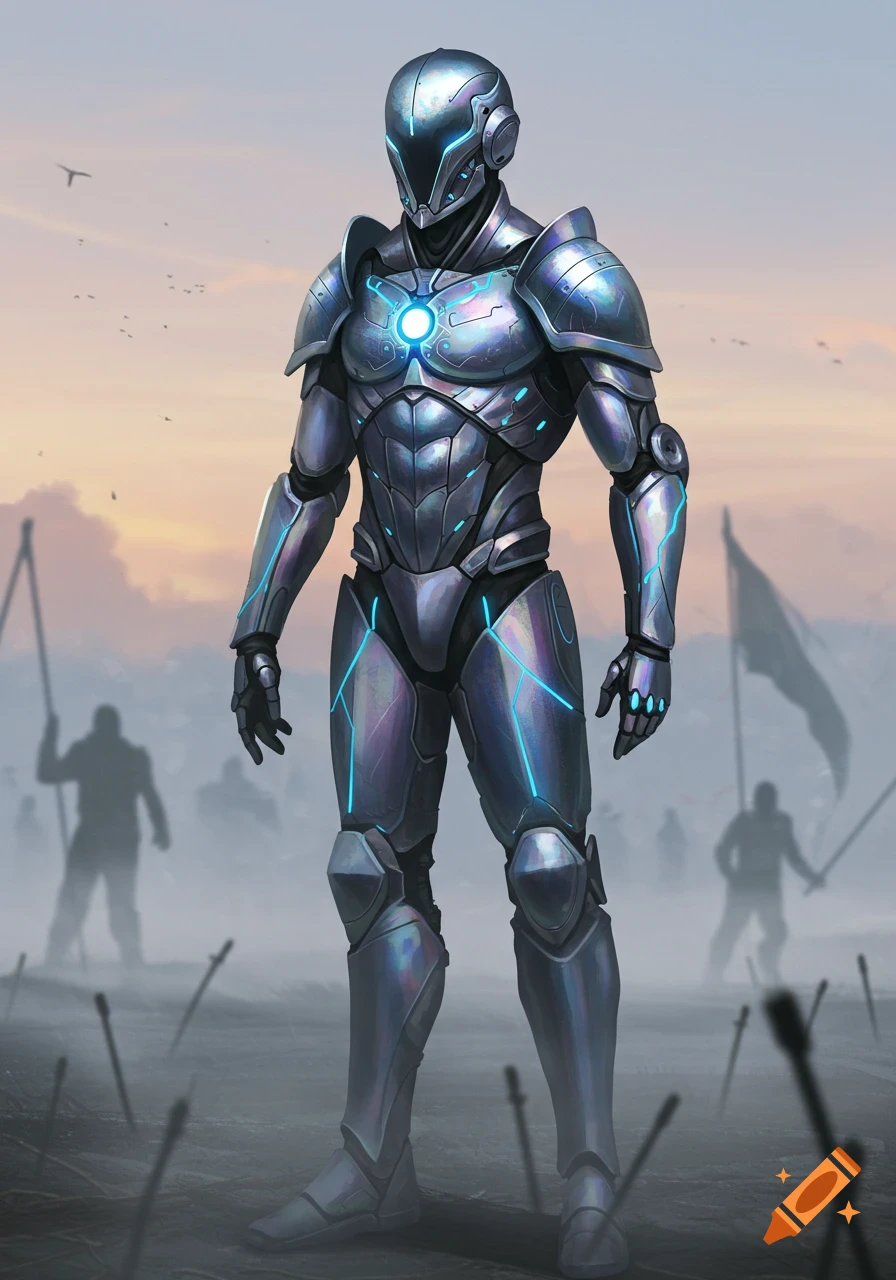 Futuristic metallic armored warrior with glowing blue accents stands on a desolate battlefield at sunset.