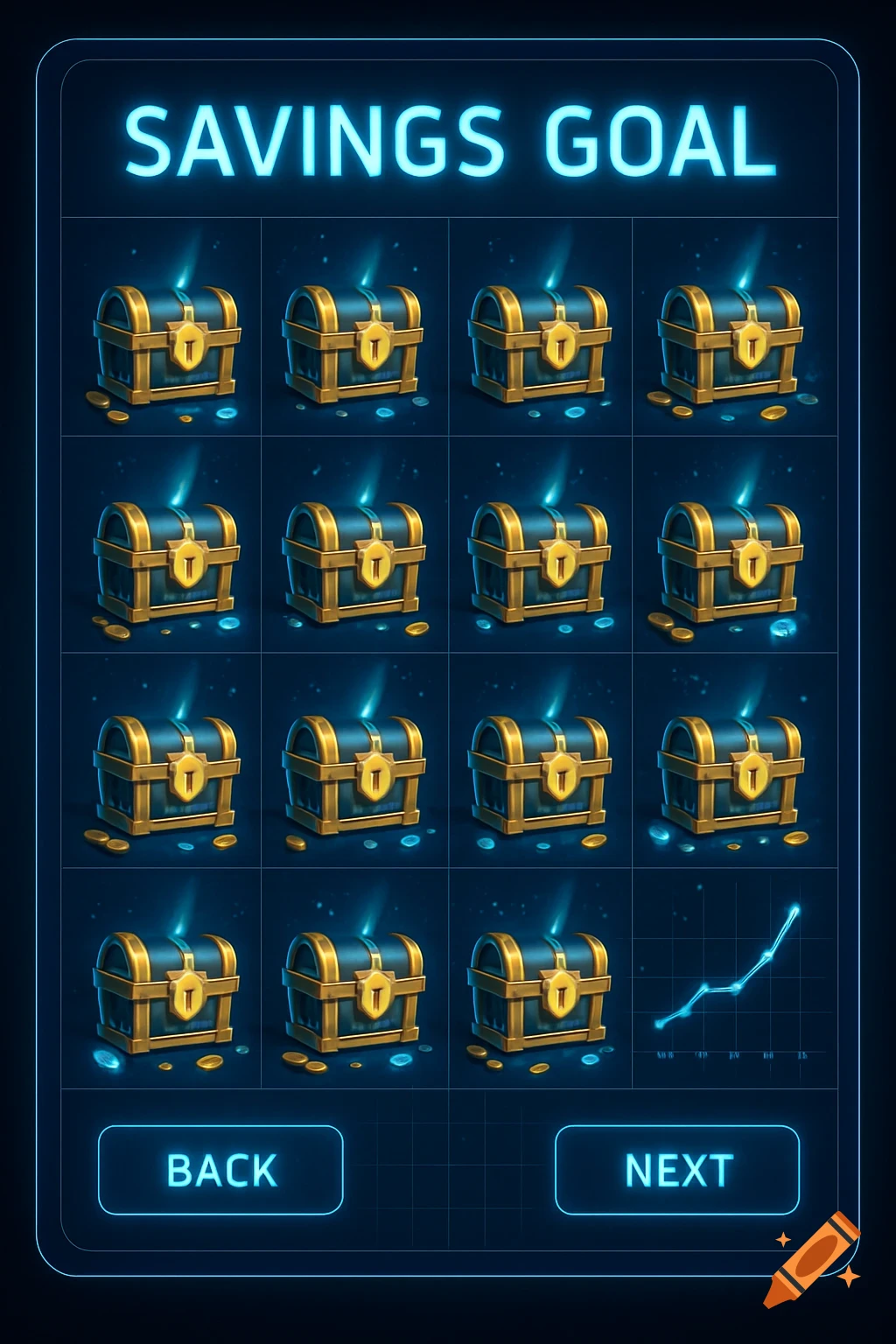 A digital screen displaying 'SAVINGS GOAL' with a grid of glowing treasure chests, a line graph, and 'BACK' and 'NEXT' buttons.