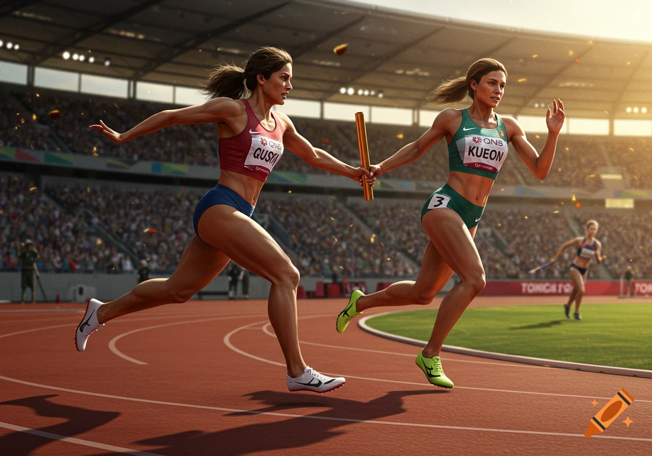 Two women athletes in athletic gear run on a track in a stadium, one passing a baton to the other, with a crowd in the background.
