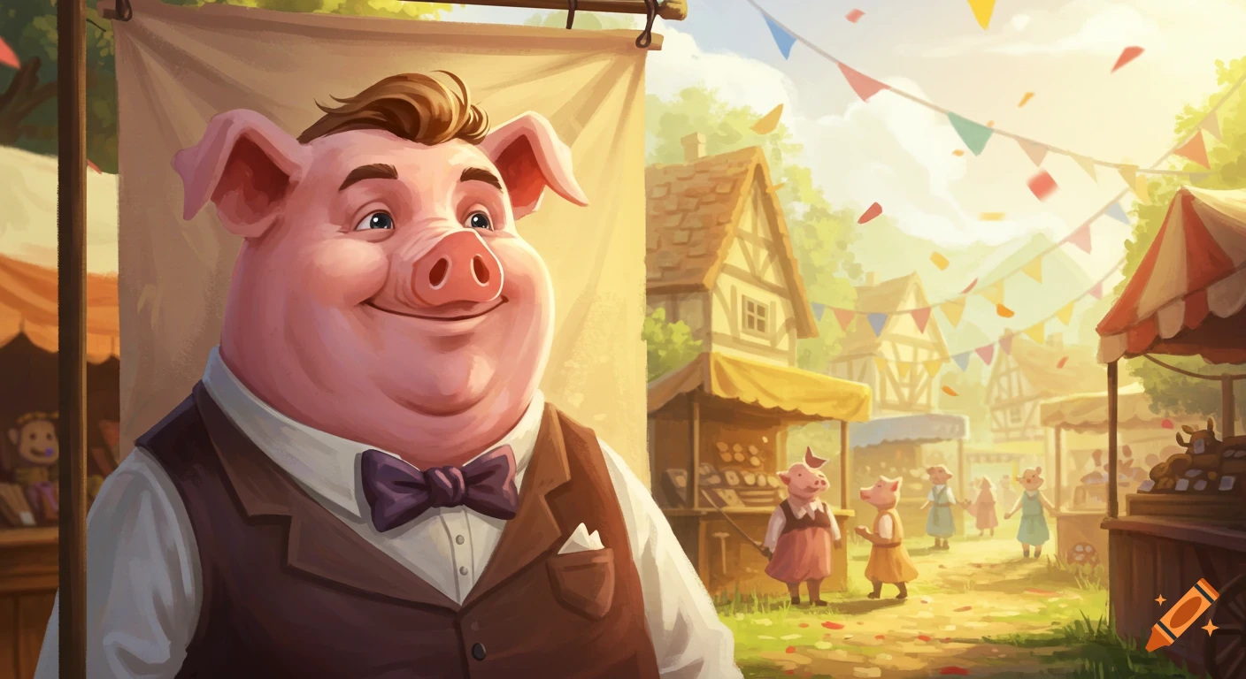 Smiling anthropomorphic pig in a suit and bow tie at a bustling market with other pigs and festive banners under a sunny sky, illustration style.