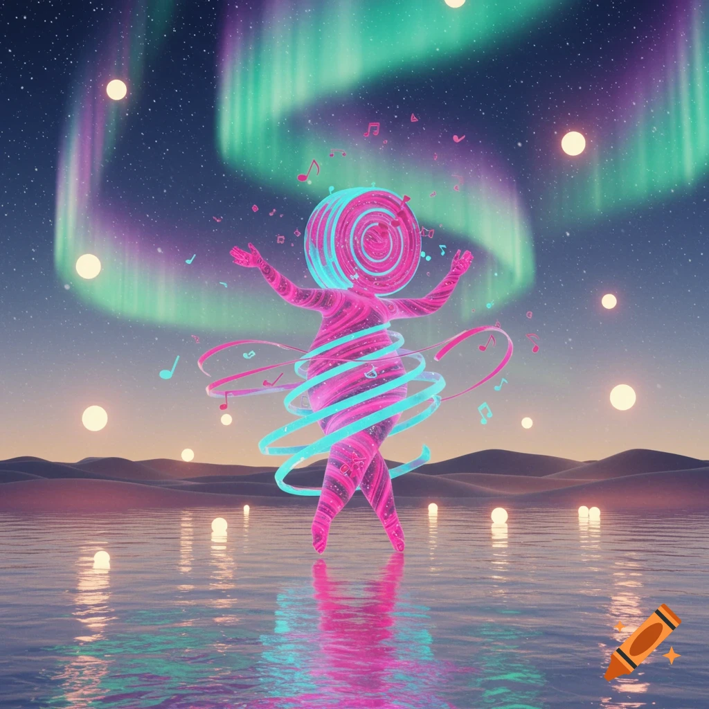 Vibrant abstract humanoid figure of pink and blue swirls, lollipop head, in water under starry aurora borealis with floating music notes.
