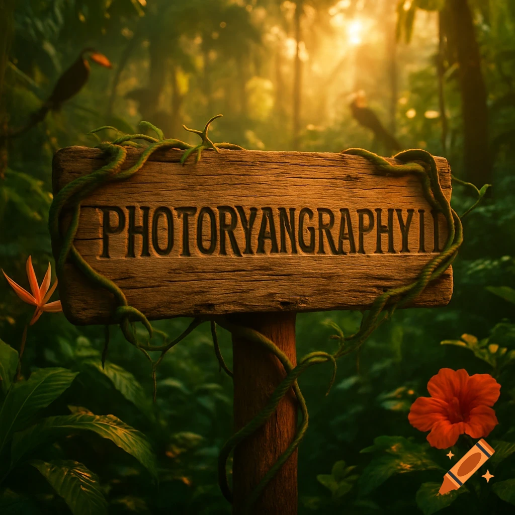 A wooden sign with 'PHOTORYANGRAPHY11' carved into it stands in a lush jungle at sunset, bathed in golden light.