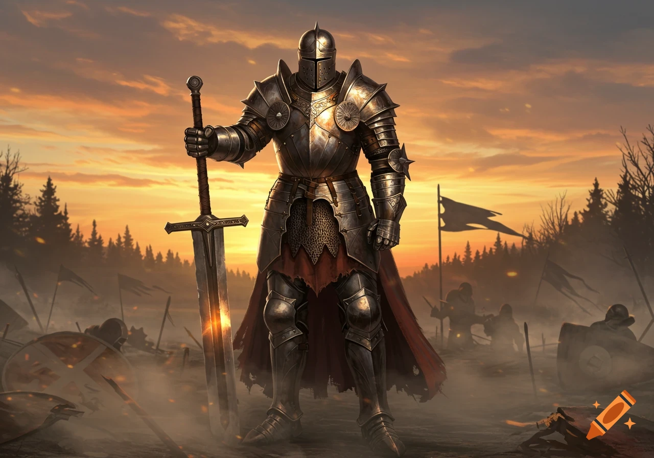 A heavily armored knight stands on a desolate battlefield at sunset, holding a large two-handed sword.